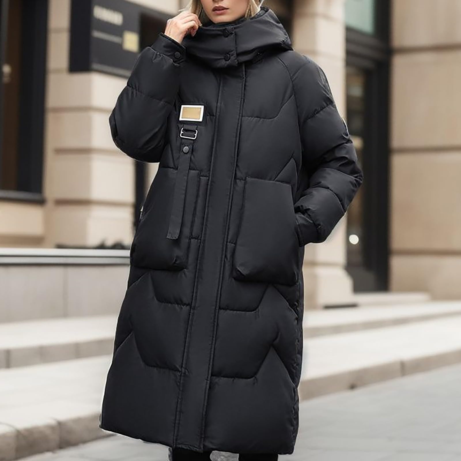 Chaqueta acolchada de plumón para mujer, abrigo acolchado de longitud media, abrigos largos acolchados para mujer con capucha desmontable, abrigo sólido para mujer, abrigo impermeable de manga larga,