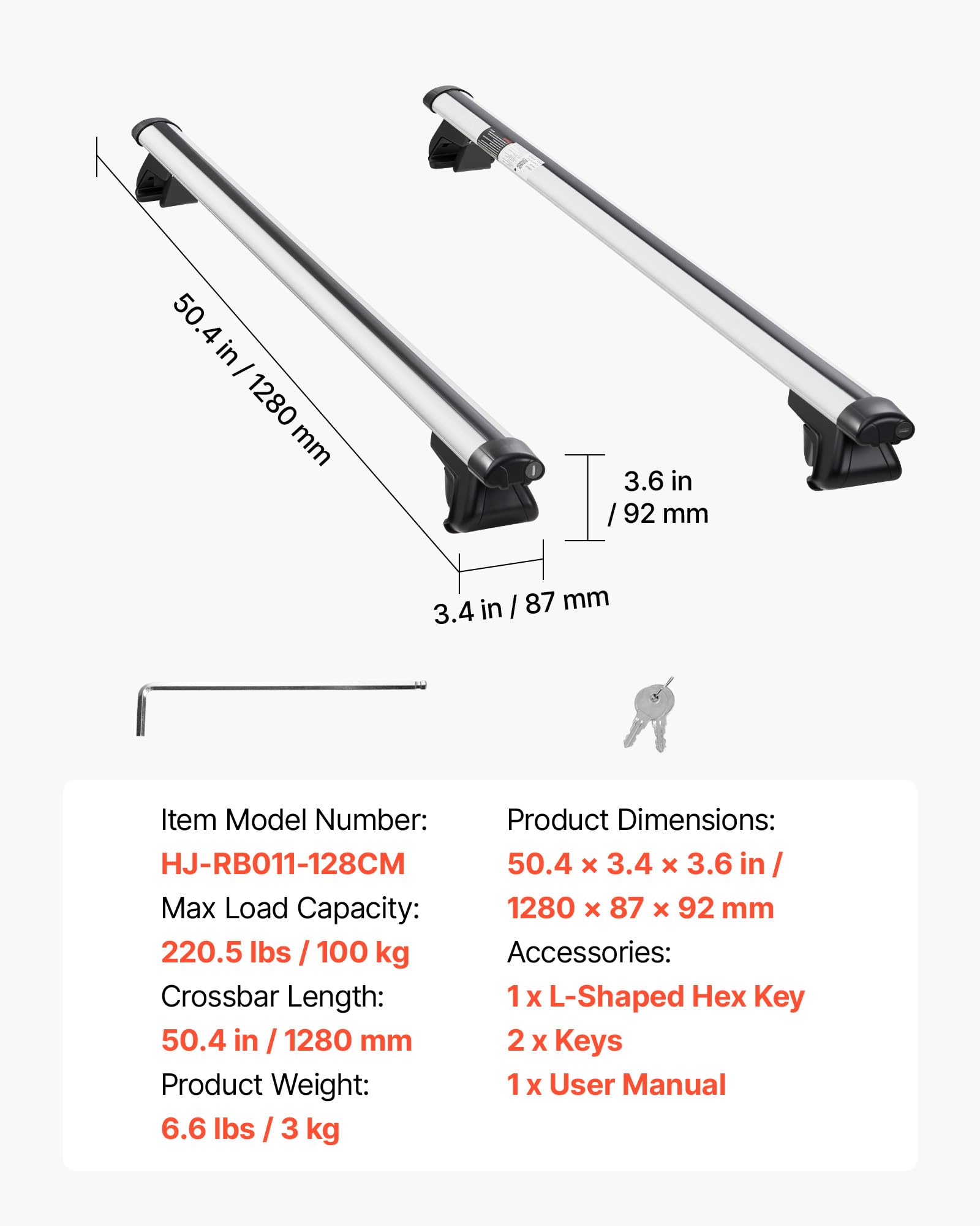 VEVOR Bagażnik dachowy do samochodu SUV, bagażnik dachowy, maksymalne obciążenie 100 kg długości 1280 mm, 2 sztuki do uniwersalnych aluminiowych bagażników, rowerów, podróży, kempingu, wędkowania
