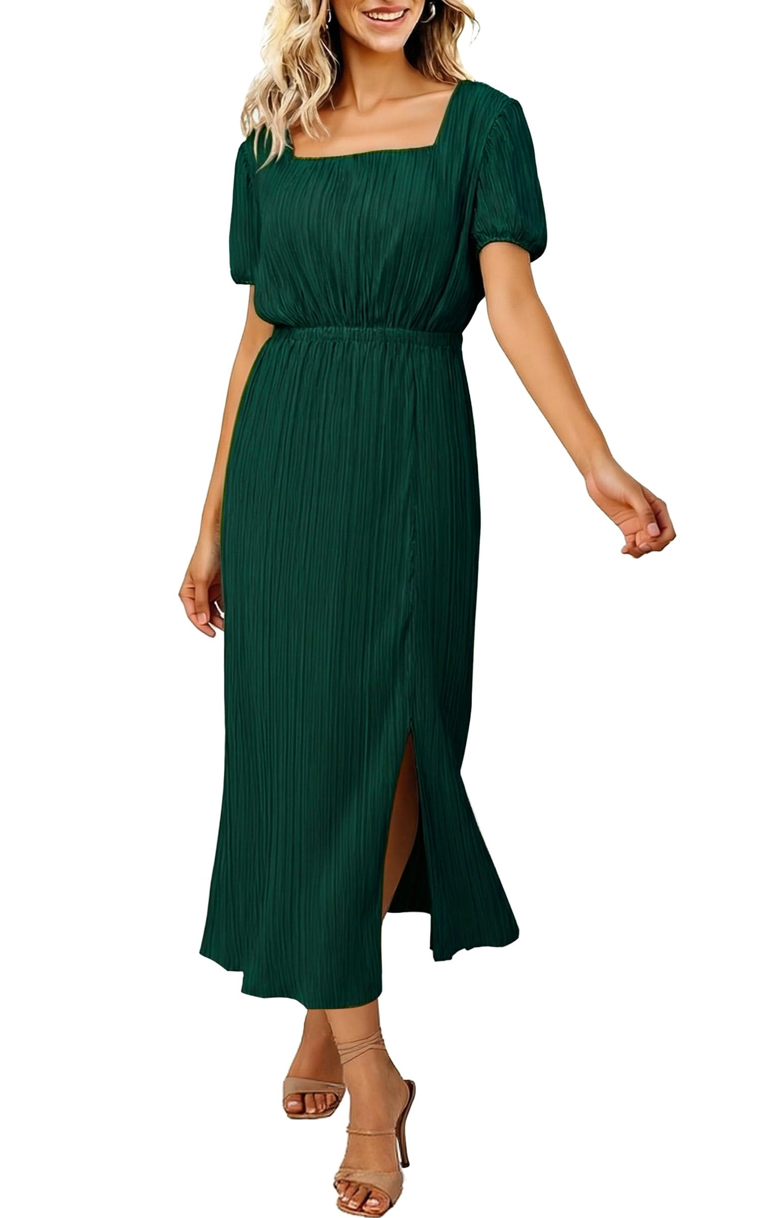 ECOWISH Women Maxi Dresses Cocktail Party Wedding Guest Formal Pleated Long Dress Short Sleeve Slit Empire Waist Evening Gown Medium 93green