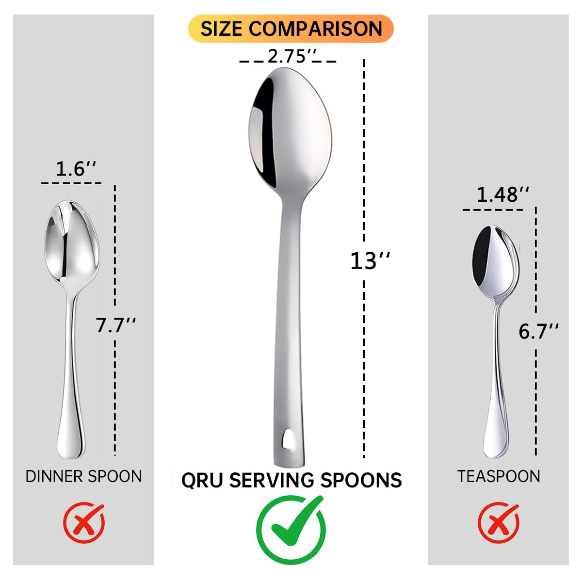 33 cm großes Edelstahl-Servierlöffel-Set, langer Griff, Buffet-Utensilien, spülmaschinenfest (Silber, 6-teilig)