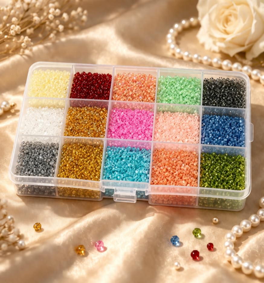 Image of Beadsnfashion Multicolor Colors Glass Seed Beads with Beads Storage Box for DIY Jewellery Making, Beading, Embroidery and Art & Crafts Fir Girls and Kid (Design II)