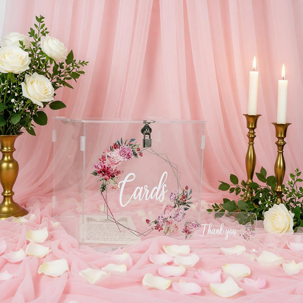 FCDECOR Acrylic Wedding Card Box with Lock, Rose Clear Card Boxes for Wedding Reception DIY Gift Card Box for Wedding with Slot, Baby Showers,
