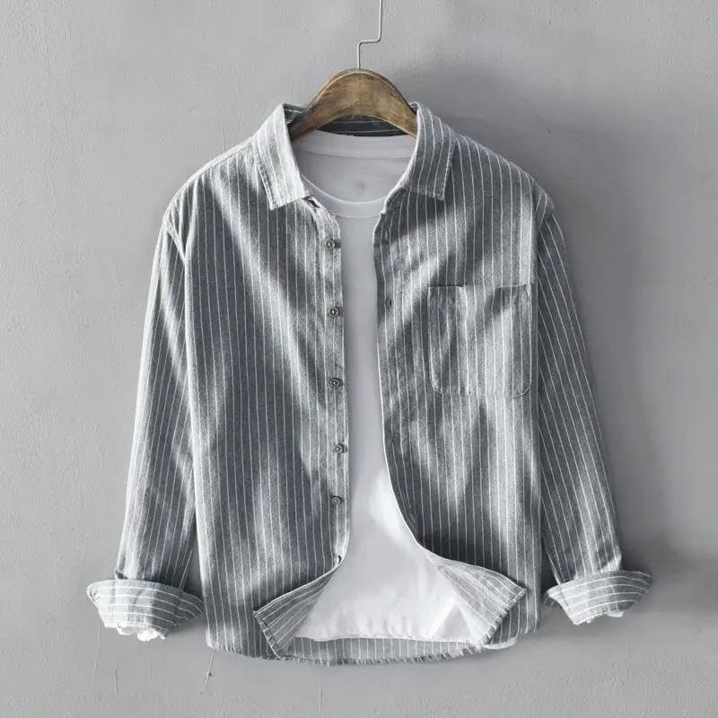 Camicia da uomo Harajuku in cotone a righe slim fit top sciolto casual scollo quadrato tasche con bottoni manica lunga blusa