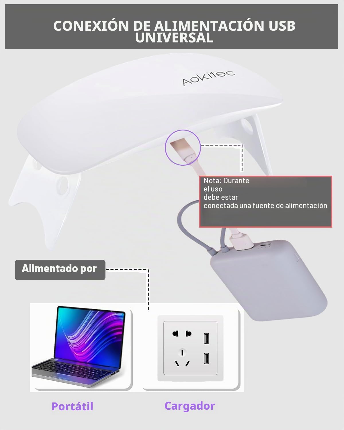 Aokitec lámpara LED uñas de gel portátil USB secador 2 temporizadores