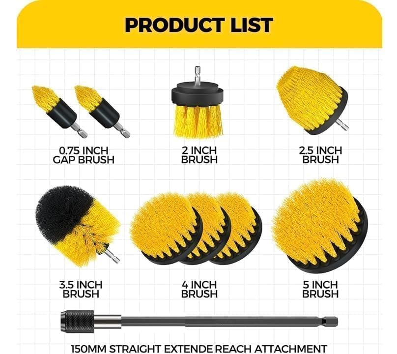 Image of 10 PCS Power Drill Scrubber Brush Attachment Set - Medium Bristle Yellow Cleaning Brushes with Extension Rod for Bathroom, Tile, Floor, Kitchen, Car & Bathtub Deep Cleaning