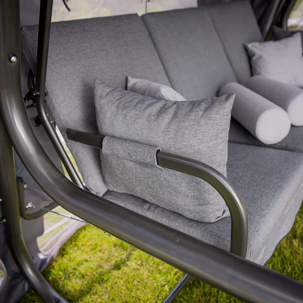 PATIO Hollywoodschaukel 4 Sitzer mit Liegefunktion 179 cm Venezia Lux Sitzpolster grau Sonnendach Moskitonetz Seitentische Dekokissen