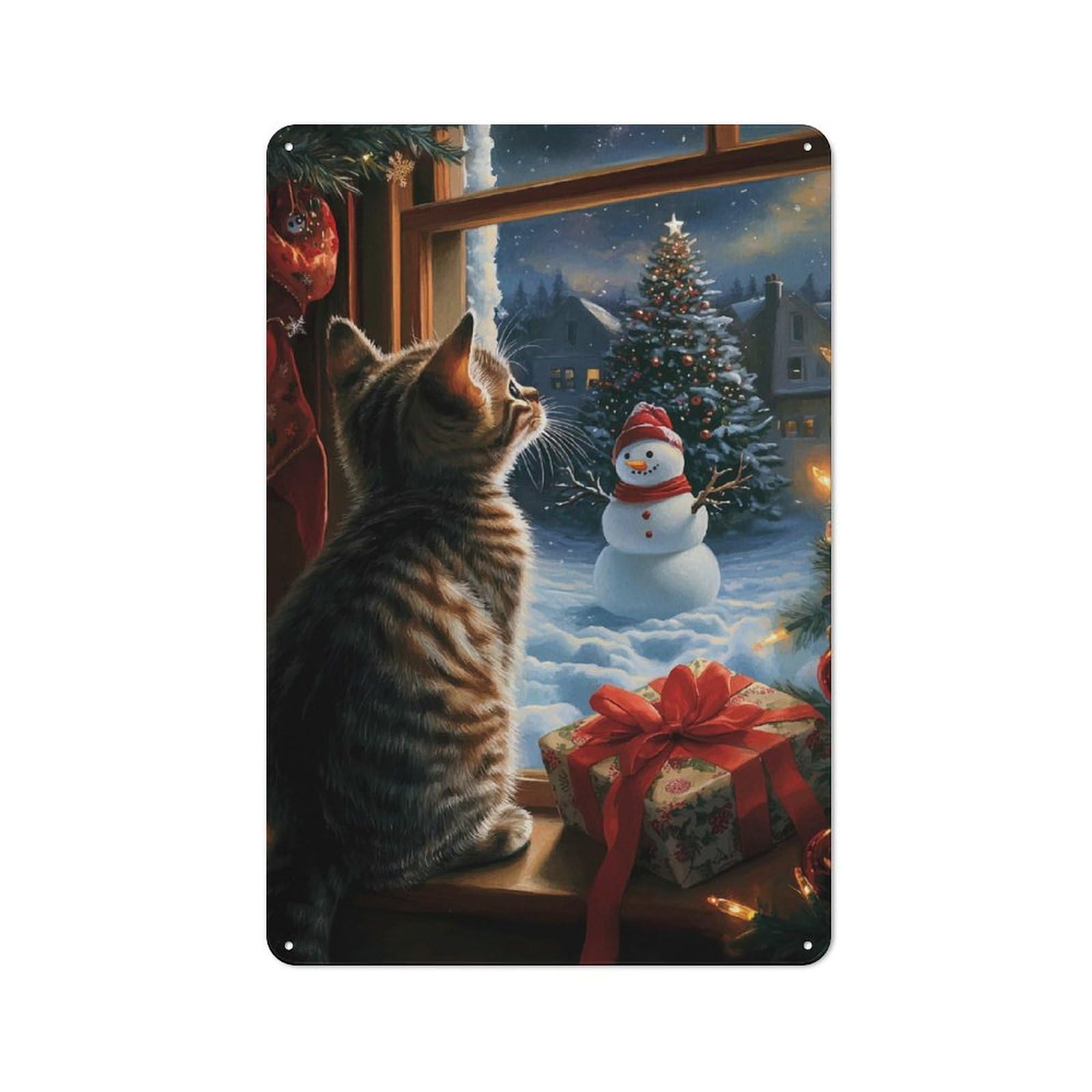 Junmoney Kitten Watching Christmas Tin Wall Plaque 30X20cm With For Bar Or Restaurant, Housewarming Wall Decor For People Furnishing Bar And Restaurant