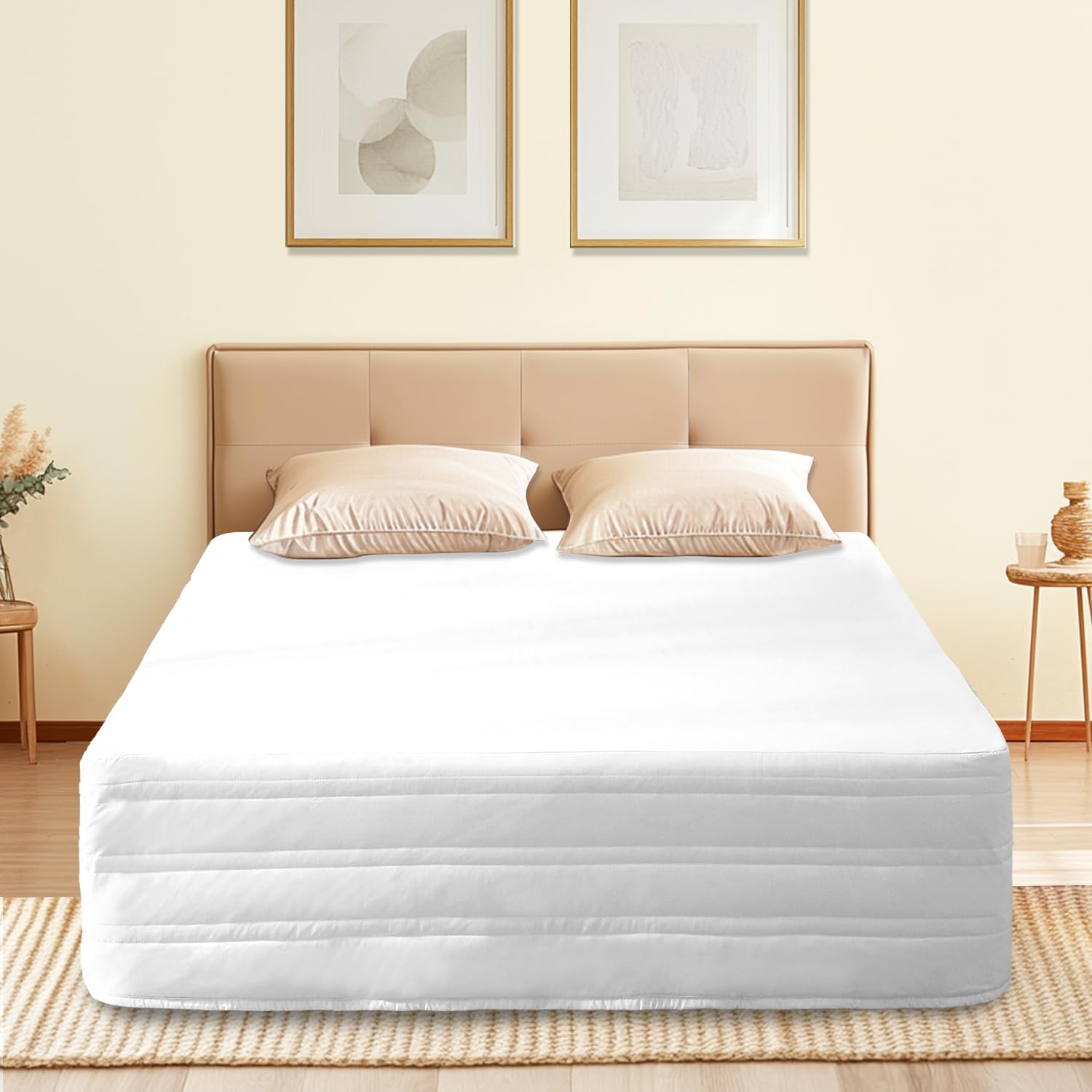 Ramesses Gesteppter Bettrock aus Polyester-Mischgewebe, durchhängender Sinn, knitterfrei, lichtbeständig, Staubrüsche mit klassischer Länge von 35,6 cm, für Schlafzimmer (Weiß, Queen-Size)
