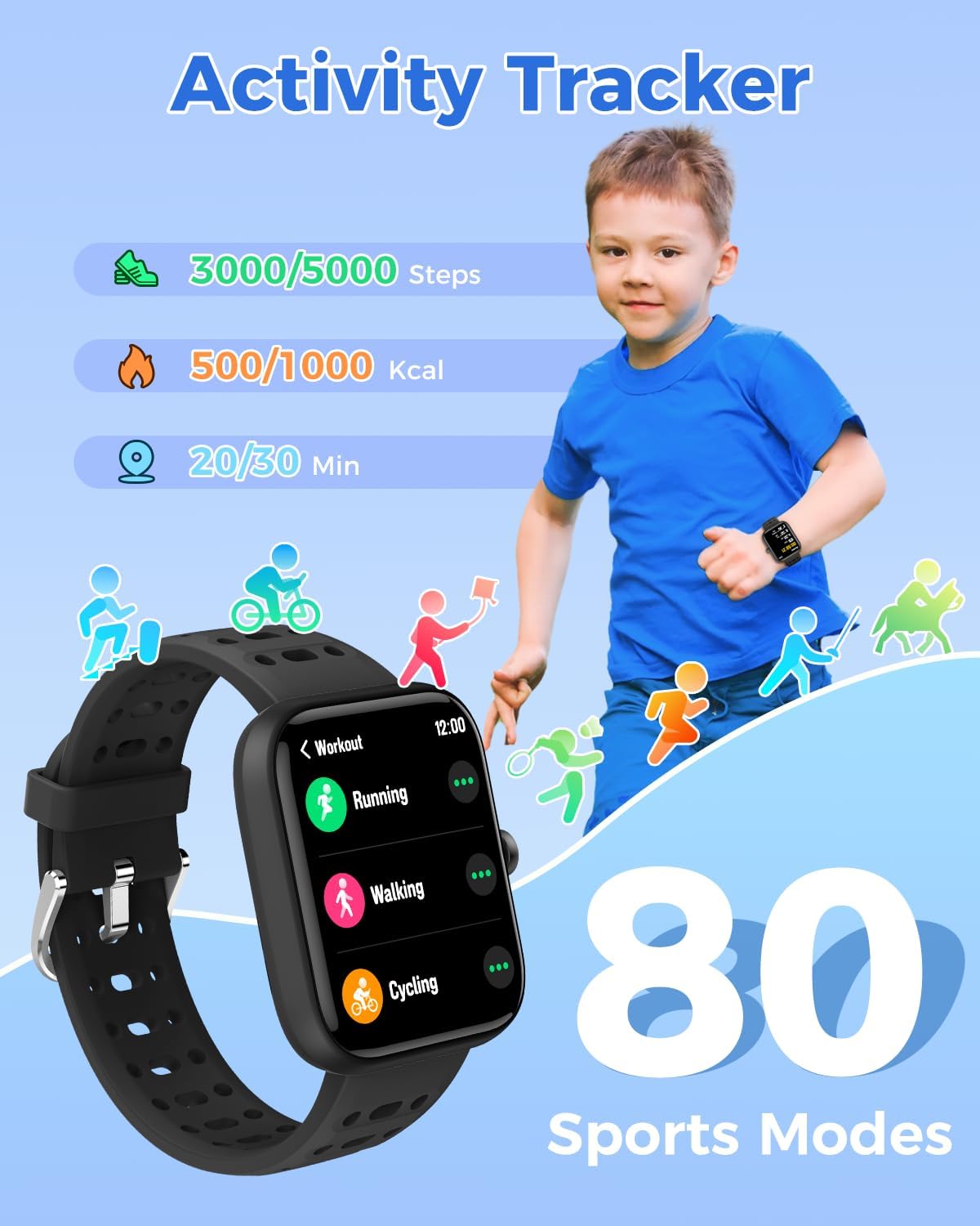 ENOMIR [2026 New Smart Watch for Kids - No APP No Phone Needed, 1.83" Fitness Tracker Watch for Kids with Sleep Monitor, Heart Rate, Step Counter, IP68 Waterproof (Black, 1.83Inches)