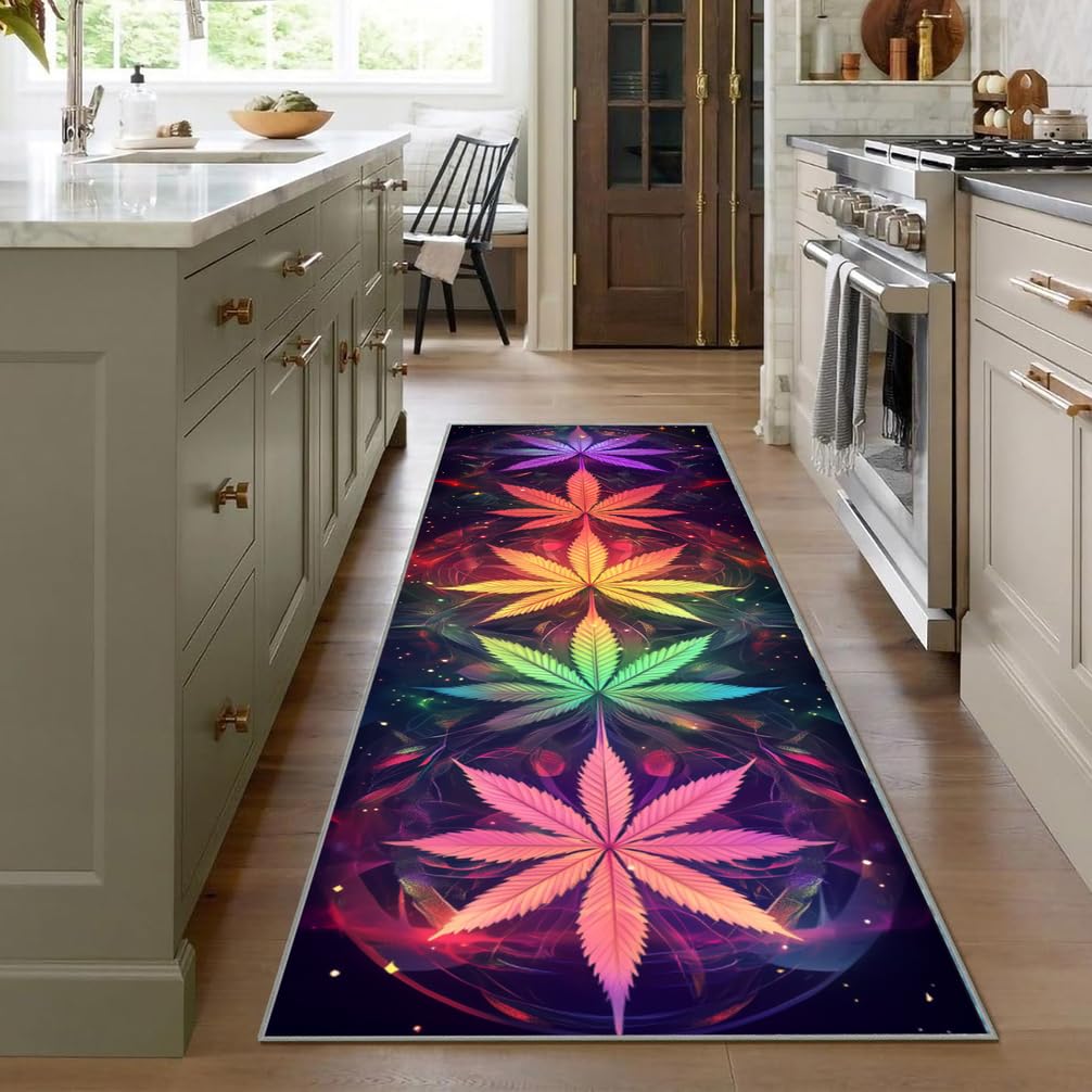 Tappeto Cucina Antiscivolo Lavabile, Passatoia per Corridoio e Ingresso,Motivo a Foglie Colorate ，90 x 180 cm