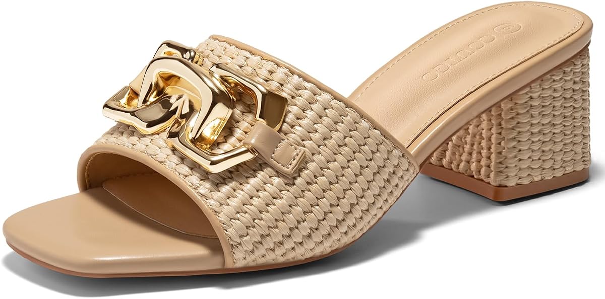 Coutgo Sandalias de rafia para mujer con tacón de bloque grueso, puntera abierta, cadena de metal, zapatos de vestir