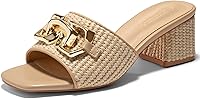 Coutgo Women's Raffia Slide Sandals: Chunky 2.17" Block Heel, Square Open Toe, Gold Metal Chain Slip-On Mules
