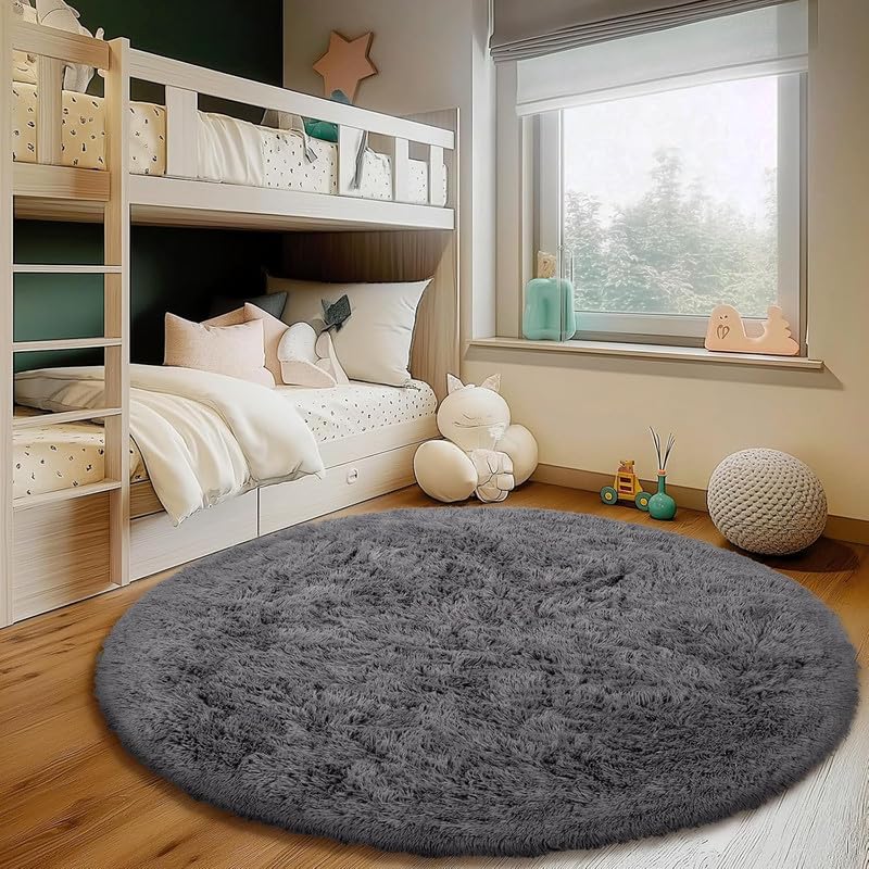 Image of Round Soft Shaggy Carpet Plain Fur Rugs for Room Decor, Under Sofa 4x4 Feet Darkgrey