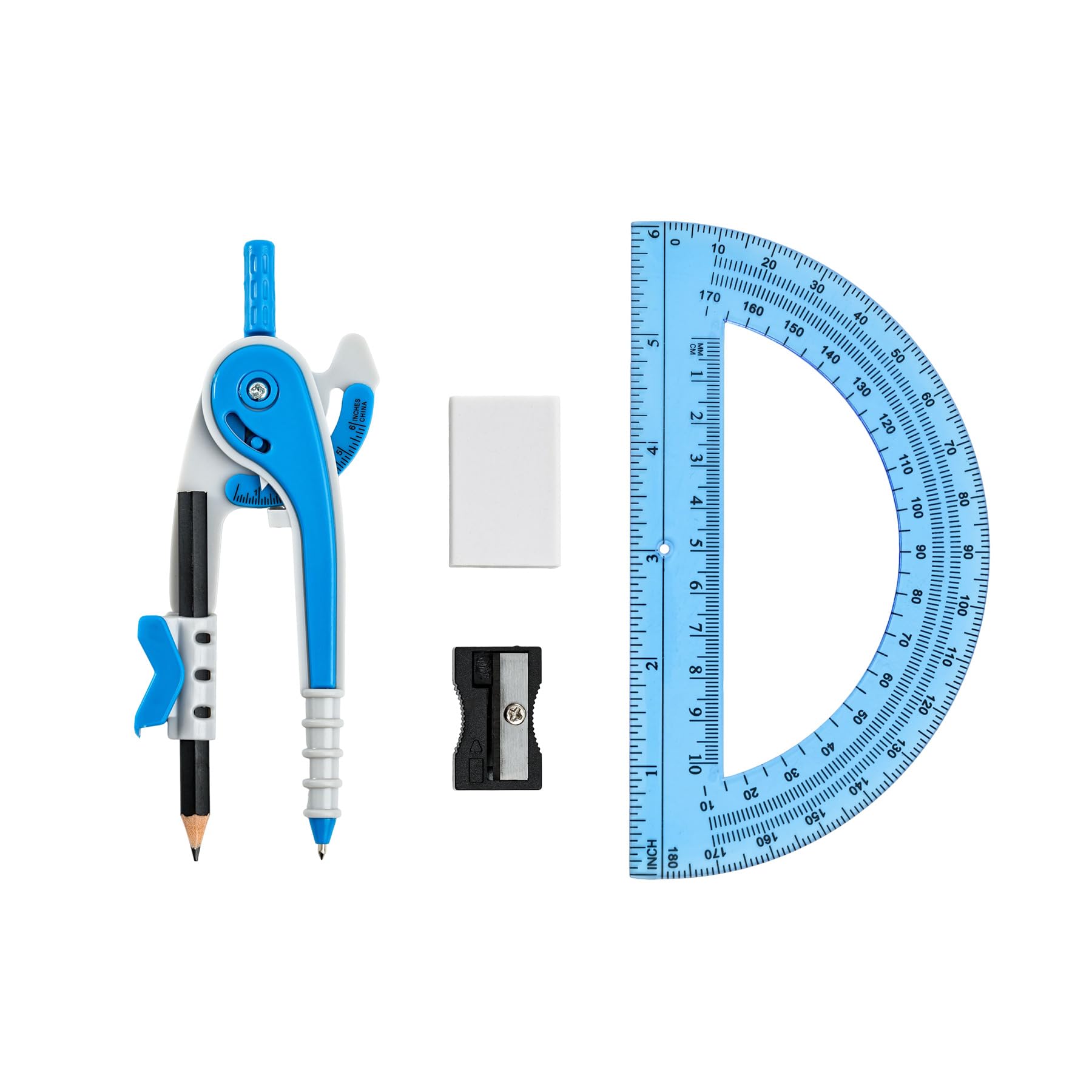 Unjoo Compass for Geometry Set, 6 Inch Protractor, Clear Plastic (Blue)