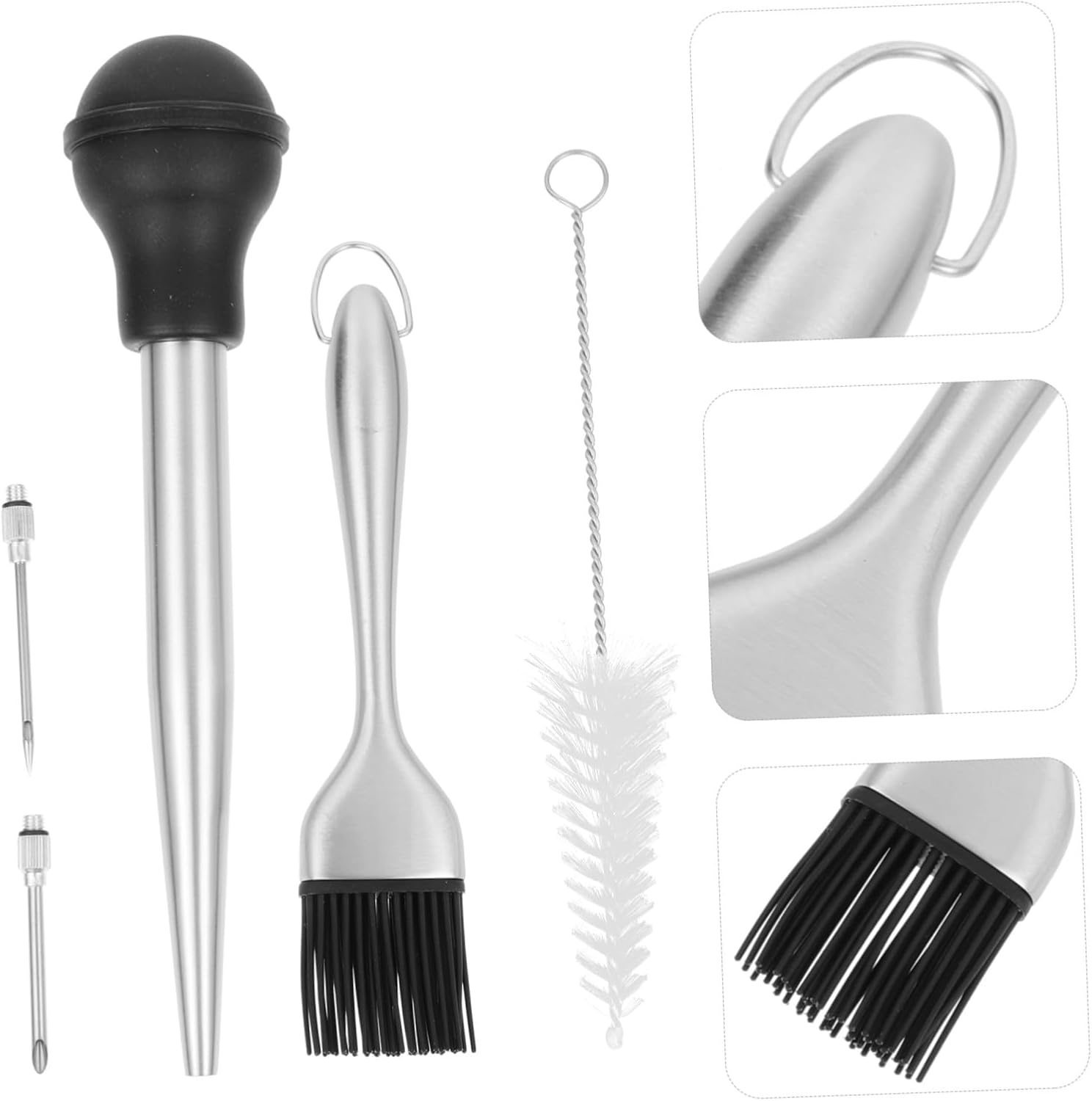 Stainless Steel Turkey Baster with Dual and Cleaning Brush Meat Tool for Marinade Flavoring Bbq Kitchen Gadget for Roast Chicken Turkey Pork Beef and Fish