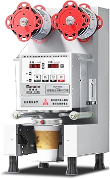 Automatic Cup Sealing Machine, 89/90/95MM Commercial Electric Cup Sealing Machine, 550-700 Cups/H, with Digital Control LCD Panel, for Sealing Plastic Cups of PP and Paper Cups,White