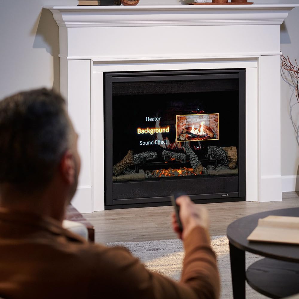 Person using remote control to adjust fireplace settings