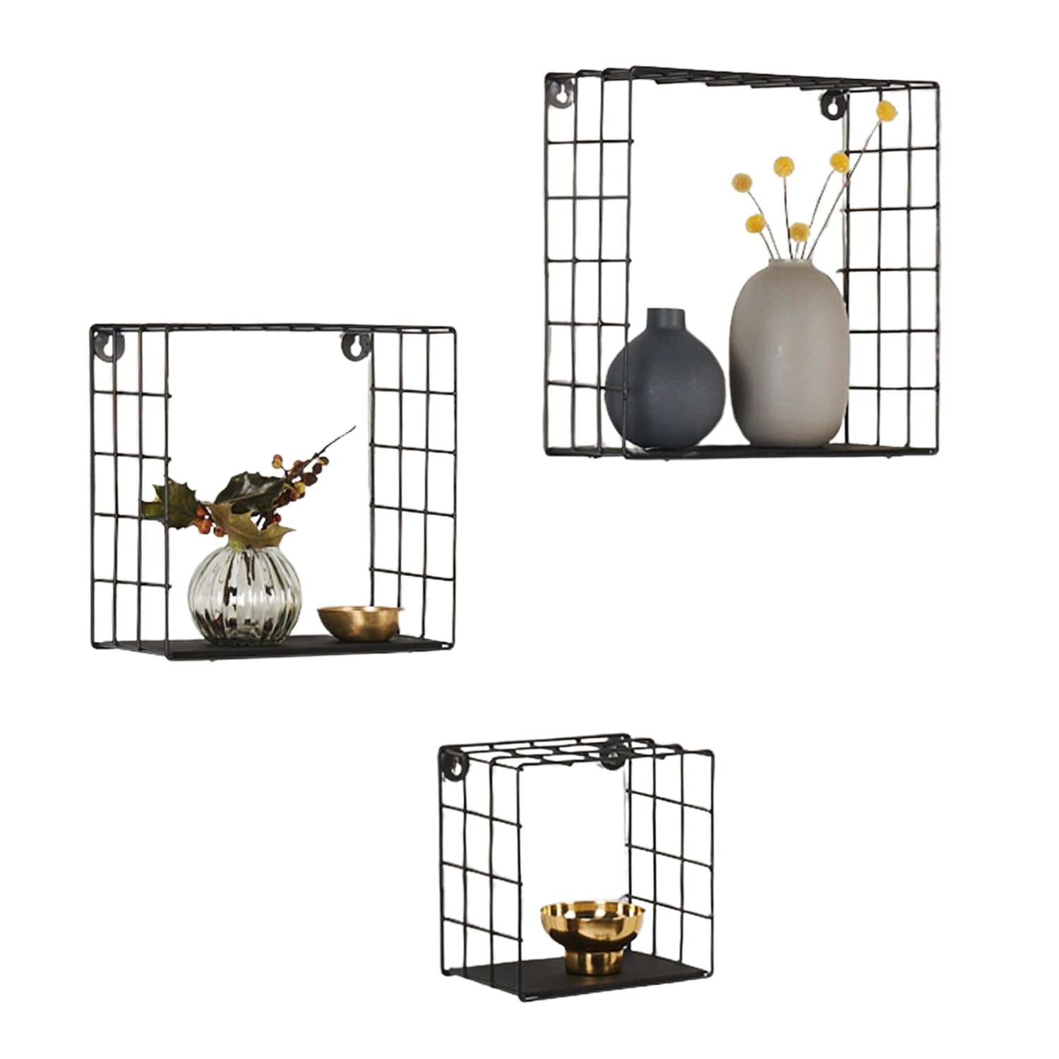 Set di 3 mensole da parete Sidney, moderne, in metallo e legno, colore nero, 30 cm