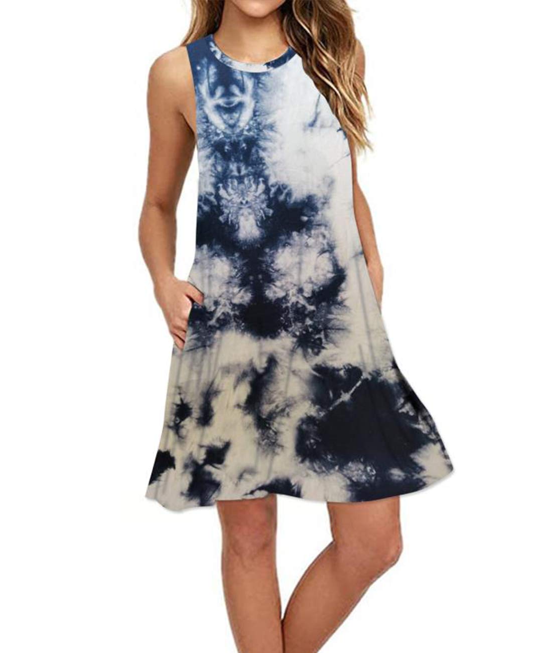 Women's Summer Casual Sleeveless T-Shirt Sundress Comfy Beach Dress Tie Dye White Blue 3XL