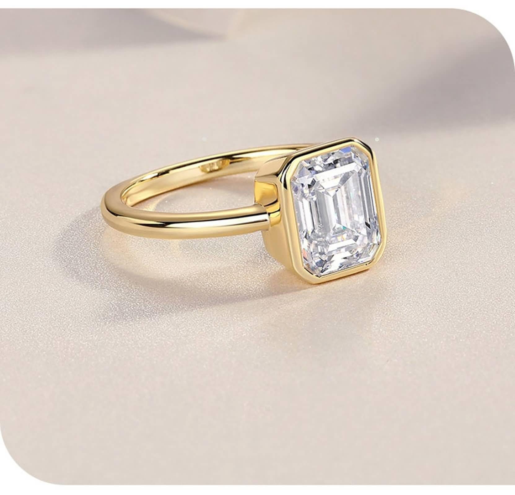 Anillo de promesa a juego, anillos apilables de oro pulido, anillo solitario con moissanita rectangular de 7 x 9 mm, oro amarillo de 2,5 quilates