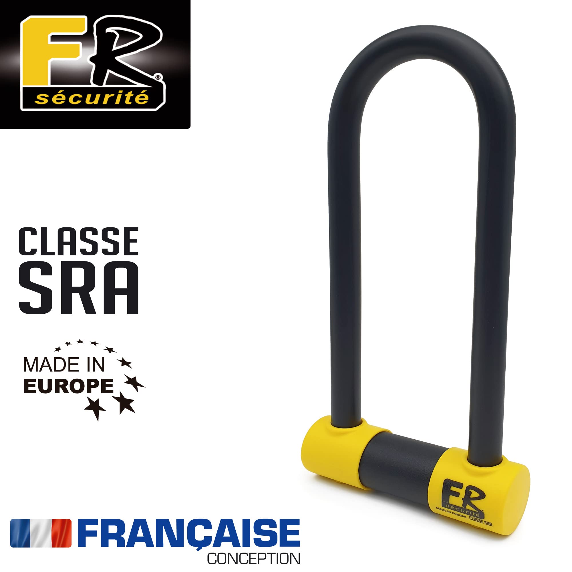FR SECURITE FR85250 Lucchetto a U Alta Sicurezza Omologato SRA, Arco ø18 Acciaio Temperato Doppio Blocco Antigraffio, Serratura Antistrappo, U-lock Antifurto 85x250mm per Moto, Scooter, Bici