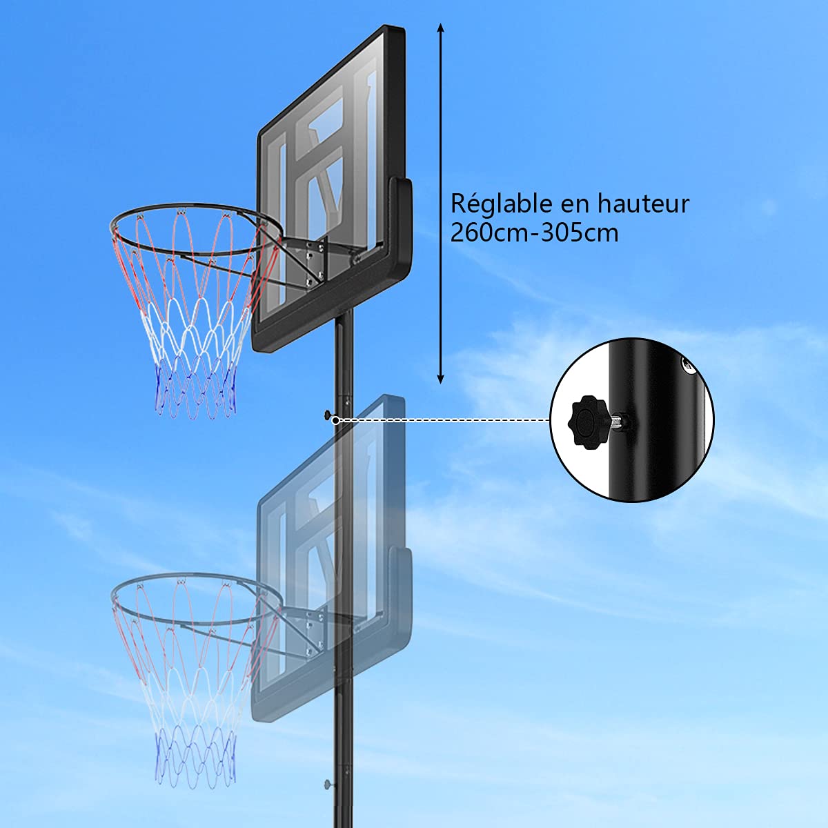 Panier De Basket Portable Réglable 1,5m à 2,5m Avec Roulettes - Idéal Intérieur Et Extérieur Pour Enfants