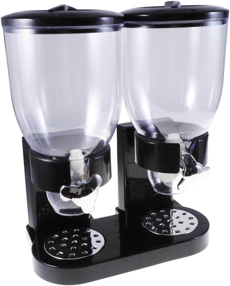 Double Cereal Dispenser Black Dry Food Storage Canister with Controlled Portion Knob Kitchen Organizer for Oatmeal Nuts and Grains Space Saving Design