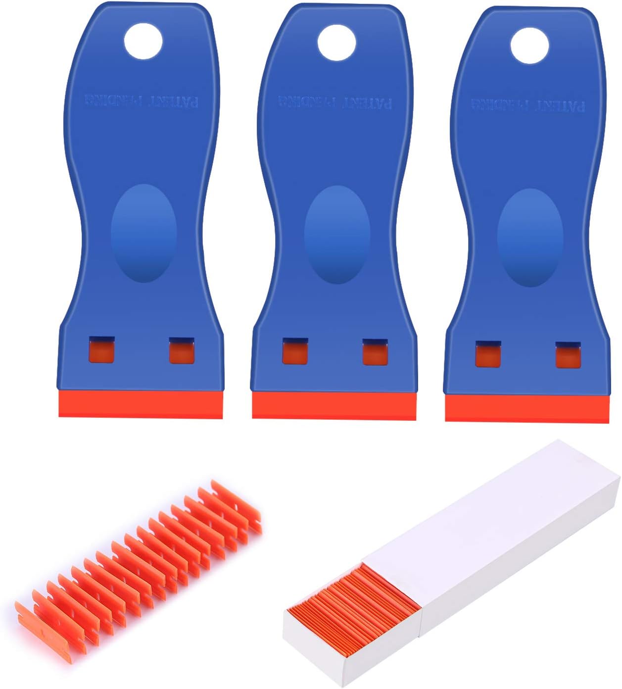 BEoffer 3 Pack Plastic Razor Blade Scrapers + 100 Pack Plastic Replacement Blades Stickers Decals Paint Labels Scraper Removal Tool for Auto Window Glass Tint Vinyl Tool NO Scratched