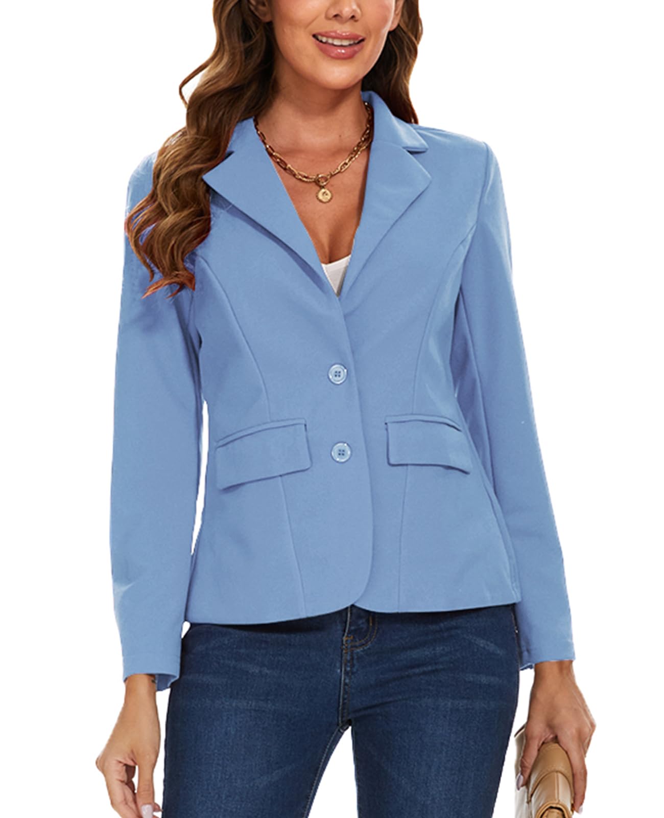 Blazer da donna con 2 bottoni, giacca blazer con risvolto dentellato casual classico a maniche lunghe abbigliamento da lavoro tasche con patta foderato sul davanti