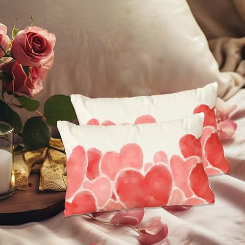 Miniatura 2 de RABUSOFA Fundas de almohada de San Valentín de 12 x 20 pulgadas, almohadas de corazón rojo y rosa acuarela, almohada decorativa blanca, aniversario,