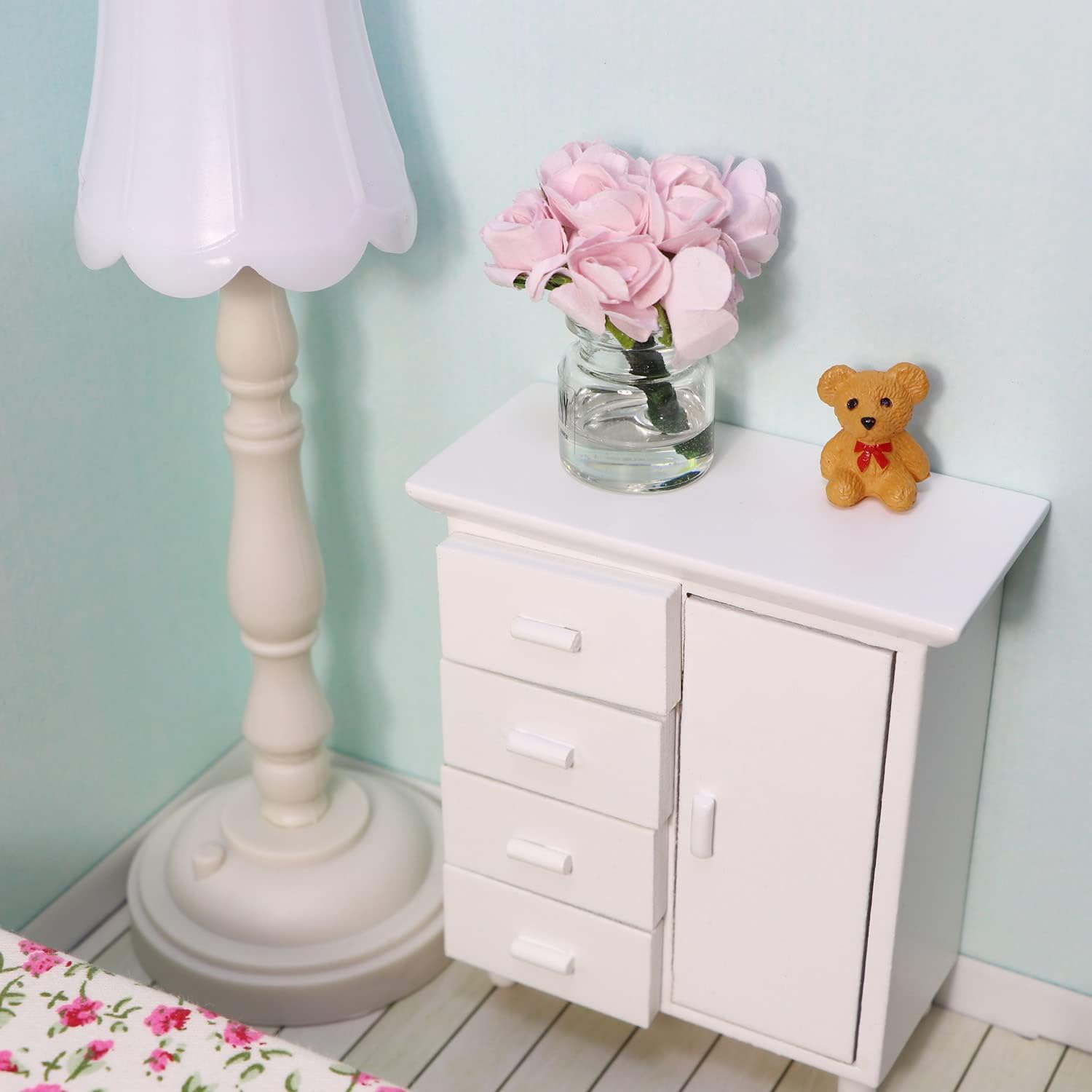 Miniature Furniture Bed & Fitting Shelf & Bedside Dollhouse Bedroom Dressing Mirror with Drawer Model Accessory Mini Scene Ornament Desktop Decoration