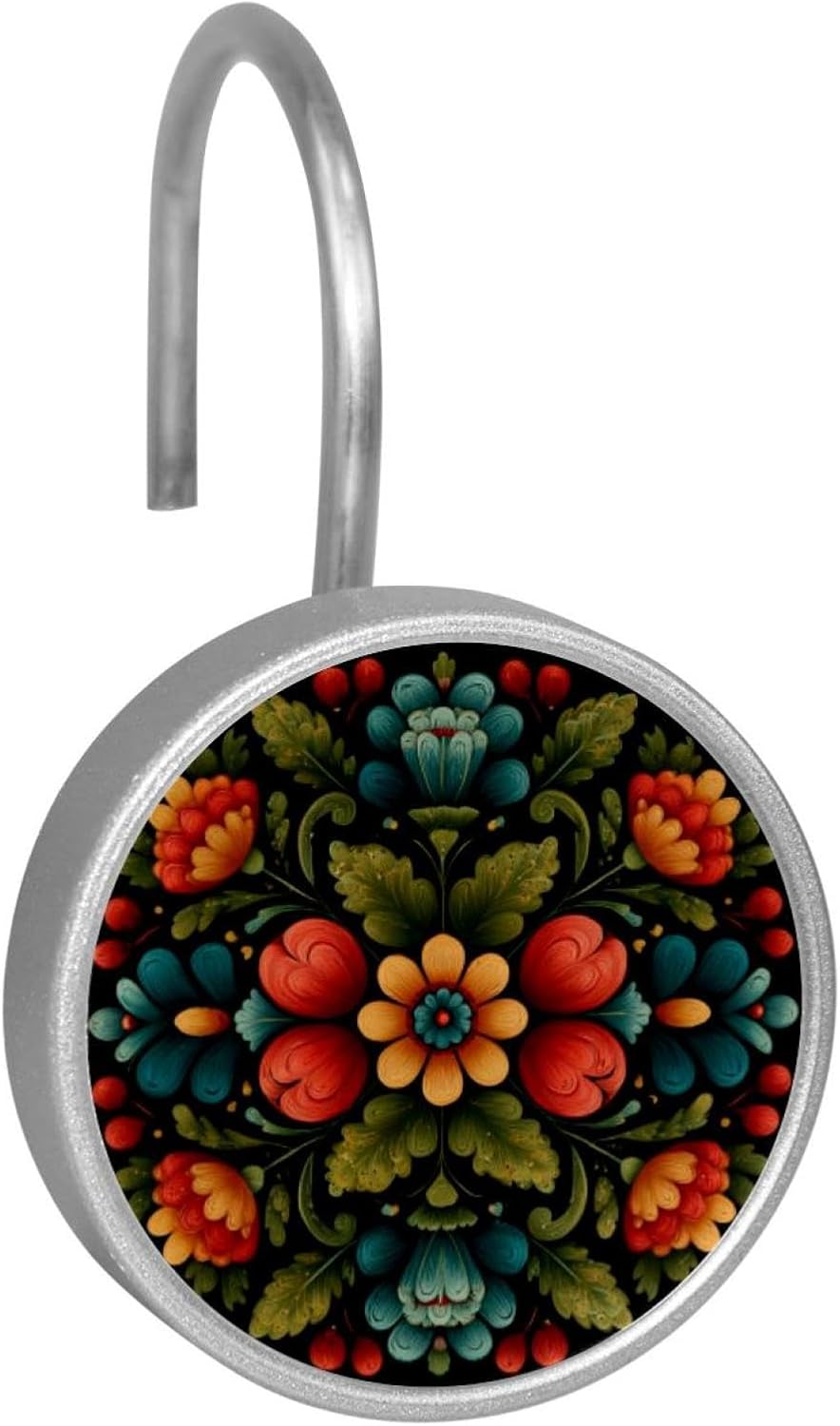 Shower Curtain Hooks, Home Decorative Norwegian Rosemaling Folk Style Flower (14) Shower Curtain Rings for Bathroom, Rustproof Stainless Steel Shower Curtain Hangers Bathroom Accessories, Set of 12