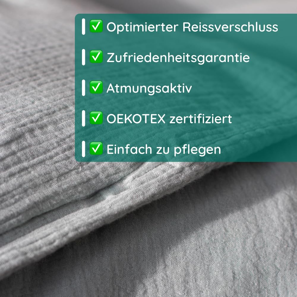 pure shores - Musselin Bettwäsche 135x200 | Bettwäsche 135x200 Baumwolle | Bettwäsche-Sets | 100% Baumwolle mit OEKOTEX | Reißverschluss | Bettwaren | Bedding Set | 1 Kissen | Hellgrau