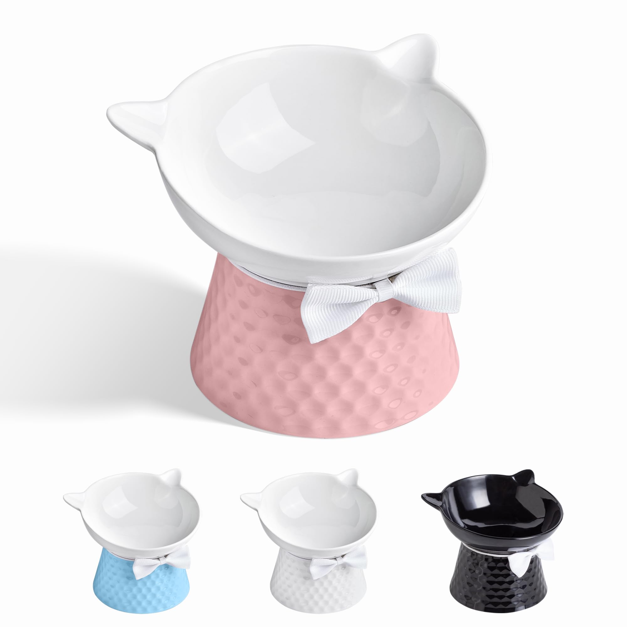 Ceramic Raised Cat Bowl with Stand and Bow Tie, Tilted Elevated Anti-Vomit Cat Dish for Whisker Relief, Microwave &amp; Dishwasher Safe, Cute Pet Food Bowl for Cats and Small Dogs (Pink)