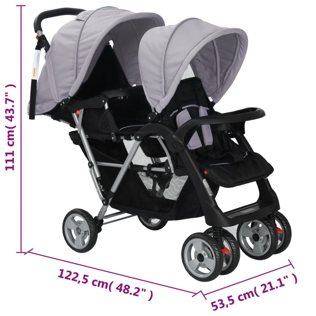 Poussette Double, Poussette pour Jumeaux Pliable Poussette à deux places acier gris et noir