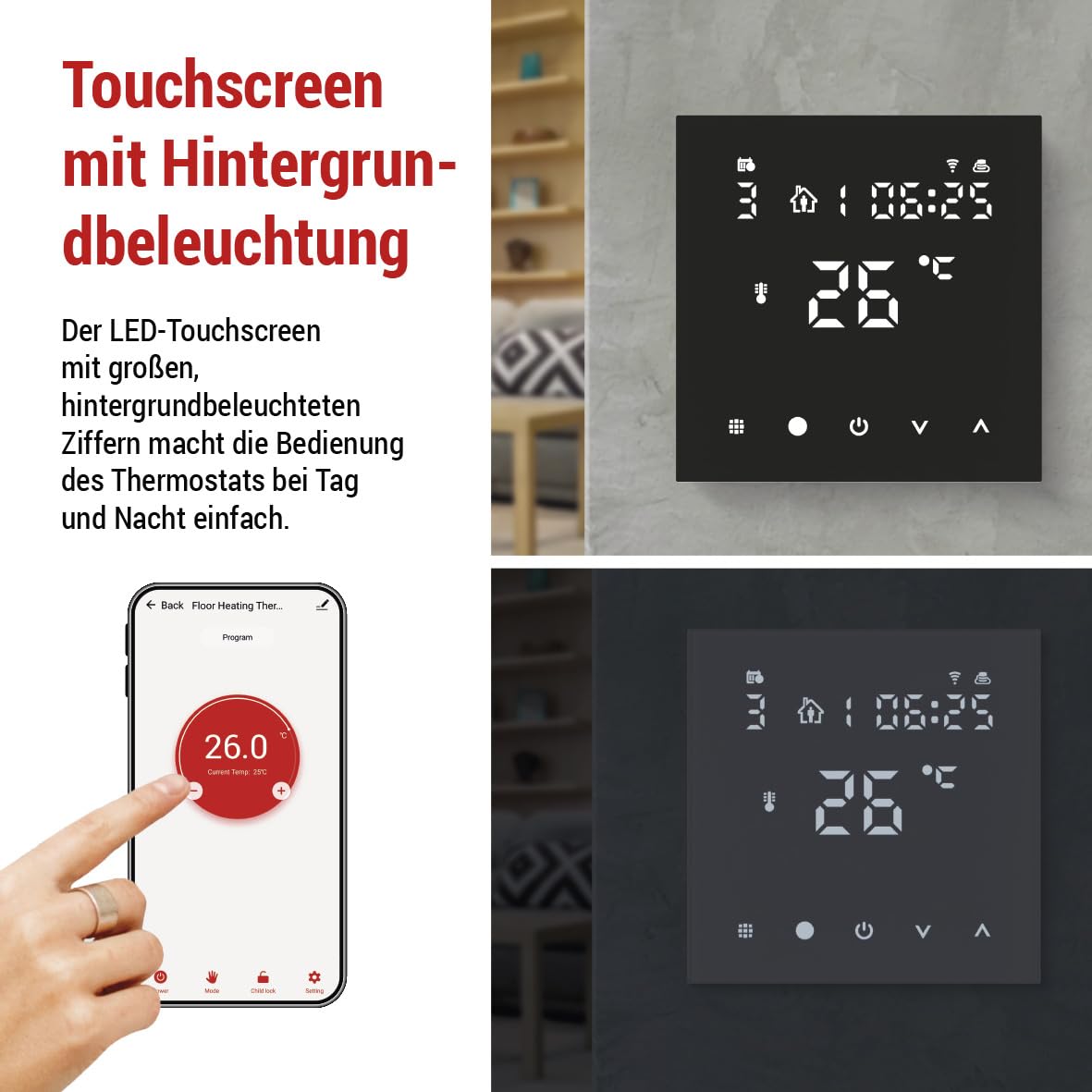 EMOS GoSmart – Termostato WiFi para calefacción por suelo radiante con aplicación, termostato inteligente programable, incluye sensor de suelo, histéresis ajustable, compatible con Tuya, Smart Life