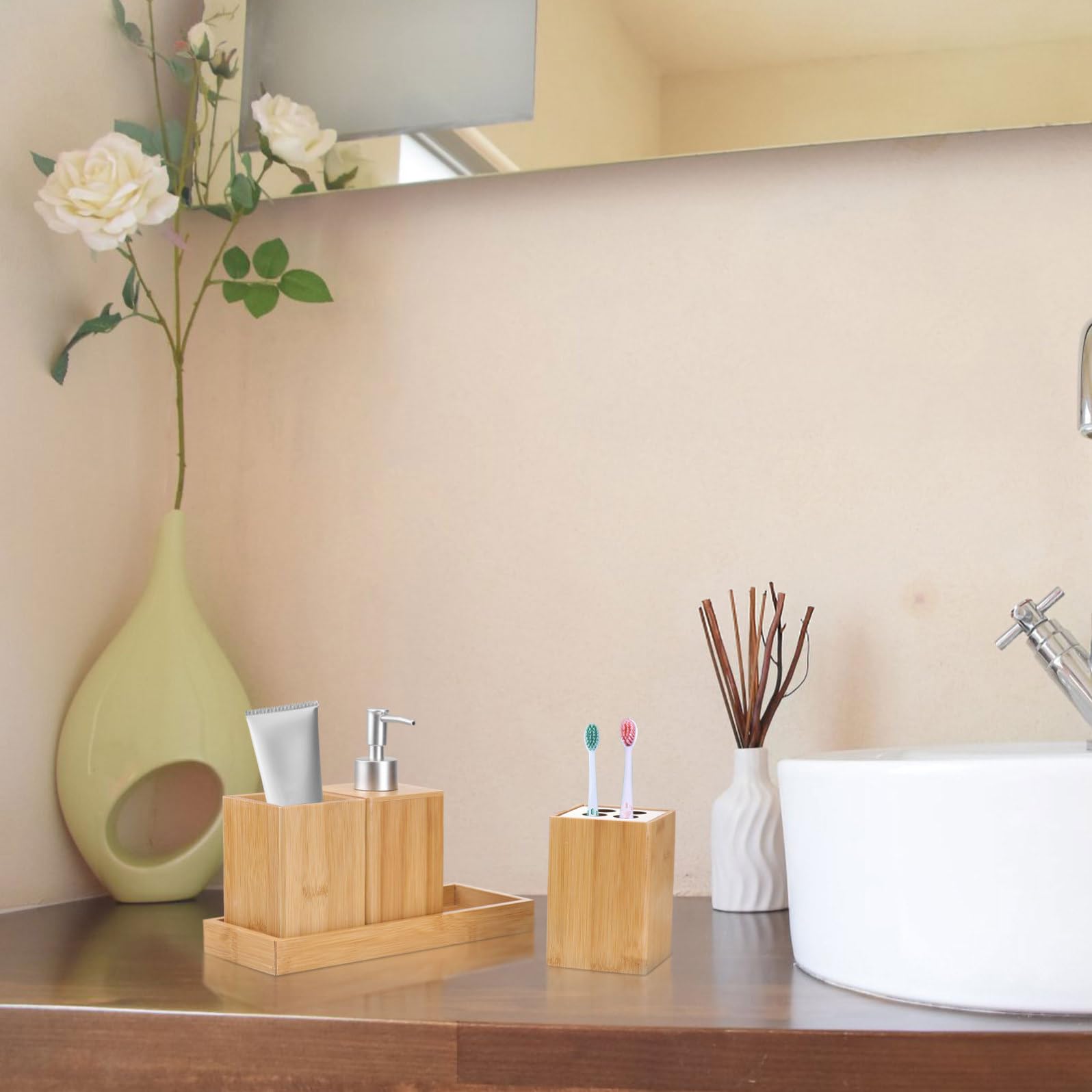 Set Accessori Bagno in Bambù 4 Pezzi Ceramica Marrone e Argento