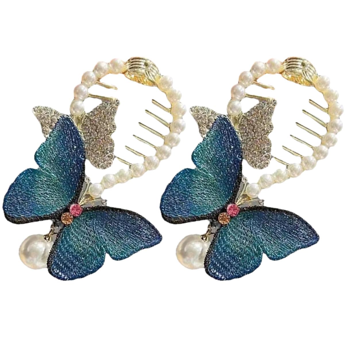PartyKindom 2Pcs Rhinestone Butterfly Hair Bun Holders Pearl Ponytail Clips Durable Hair Accessories for Women for Buns and Ponytails Stylish Rhinestone Cuff for Everyday Use
