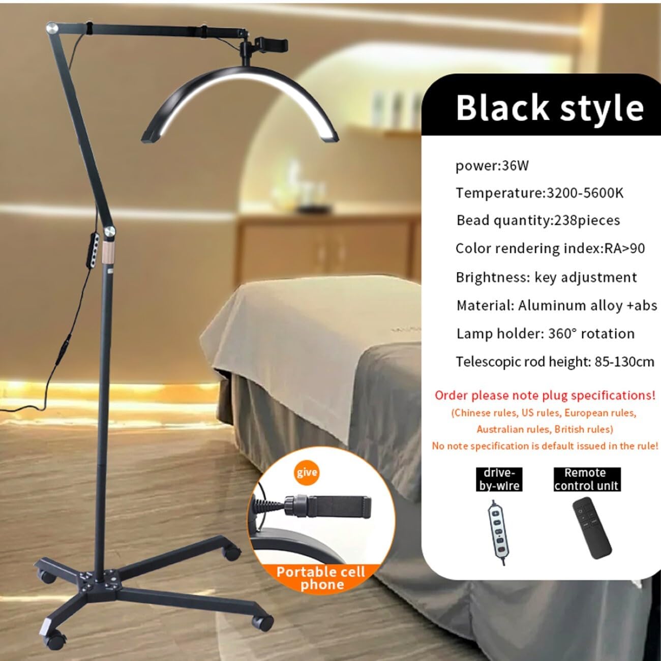 Lampa LED w kształcie półksiężyca Beauty Light, przedłużenie rzęs, podwójna temperatura barwowa, 4 koła, ramię aluminium