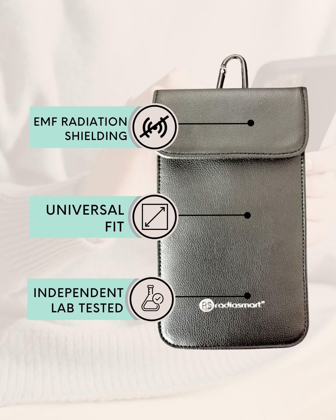 Radia Smart® Cell Phone Faraday Bag, RF Signals Blocking, EMF Protection Phone Case (WiFi, Phones, laptops, Bluetooth, RFID, EMF Radiation) Black