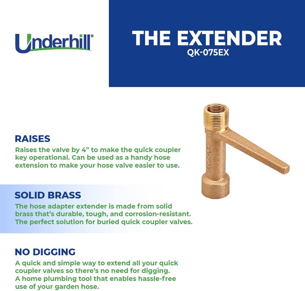Underhill Extender Valve Key Tool for Garden Water Hose, 3/4 Inch Quick Coupler Extender Connector, Raise Quick Coupler QK-075EX, Solid Brass
