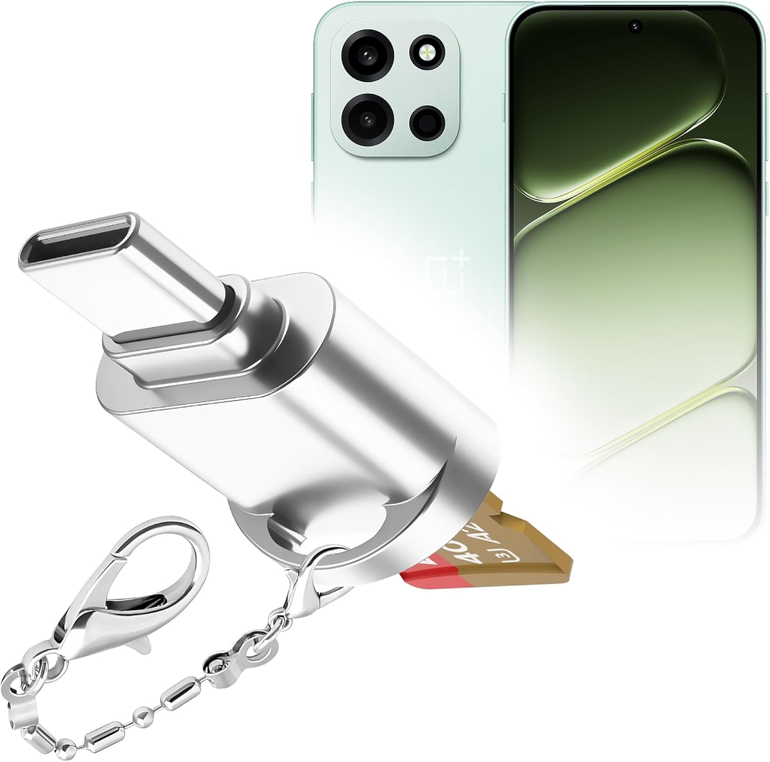 BoxWave Adapter Compatible with OnePlus Nord 6 (6.78 in) - Micro SD Card miniReader, USB Type-C OTG Reader USB3.0 Adapter Keychain - Metallic Silver