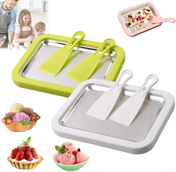 DIY Rolled Ice Cream Maker Kit No Electricity Needed Stainless Steel Cold Plate Tray with 2 Spatulas for Family Fun Home Dessert Making Green White Pink(w1)