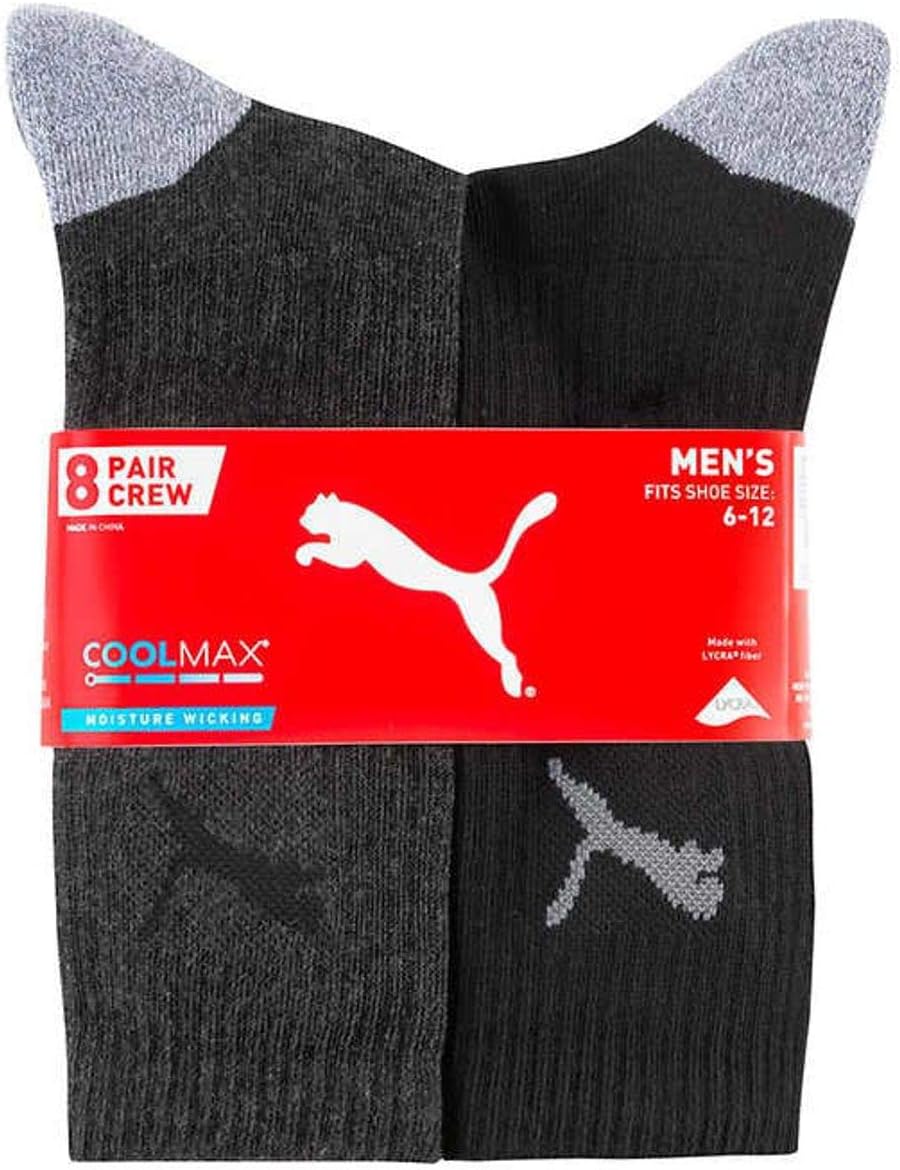 Men's Crew Sock, 8 pair (Black) Fits Shoe Size (6-12)