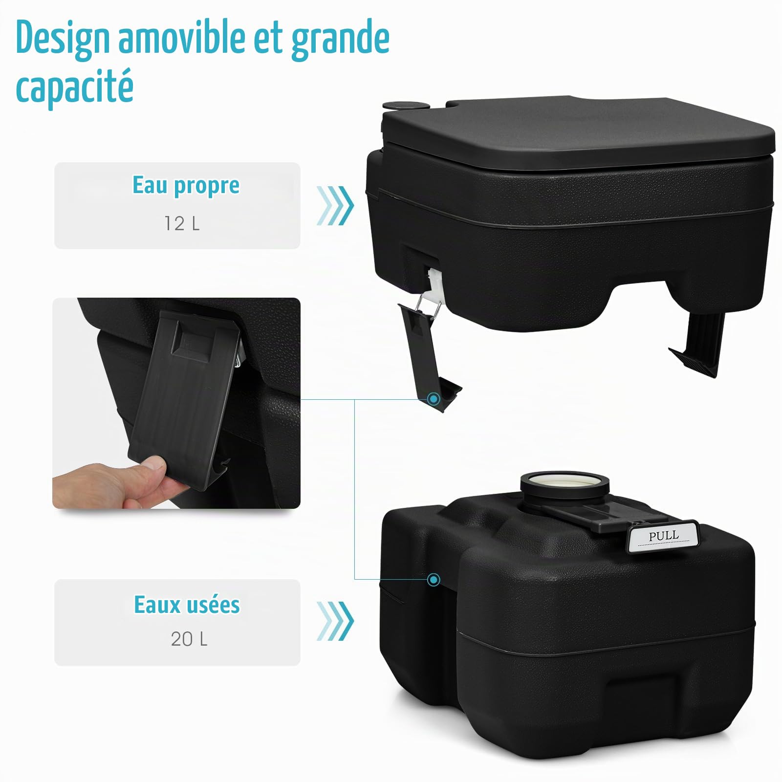 GOPLUS 20L Toilette Portable WC Chimique Mobile pour Camping Caravanes Hôpital Voyage en HDPE 41x35x41 CM (Noir)