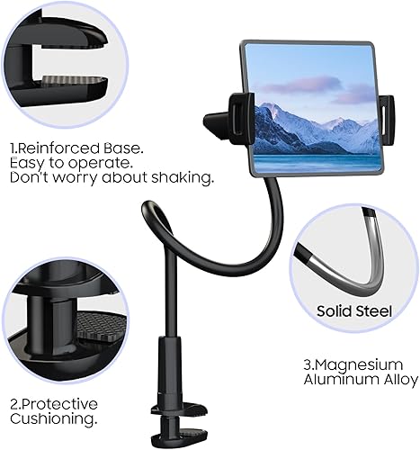 Miniatura 7 de Soporte para tablet Kindle con cuello de cisne, soporte de brazo ajustable para leer en la cama, manos libres, accesorios Kindle Paperwhite para