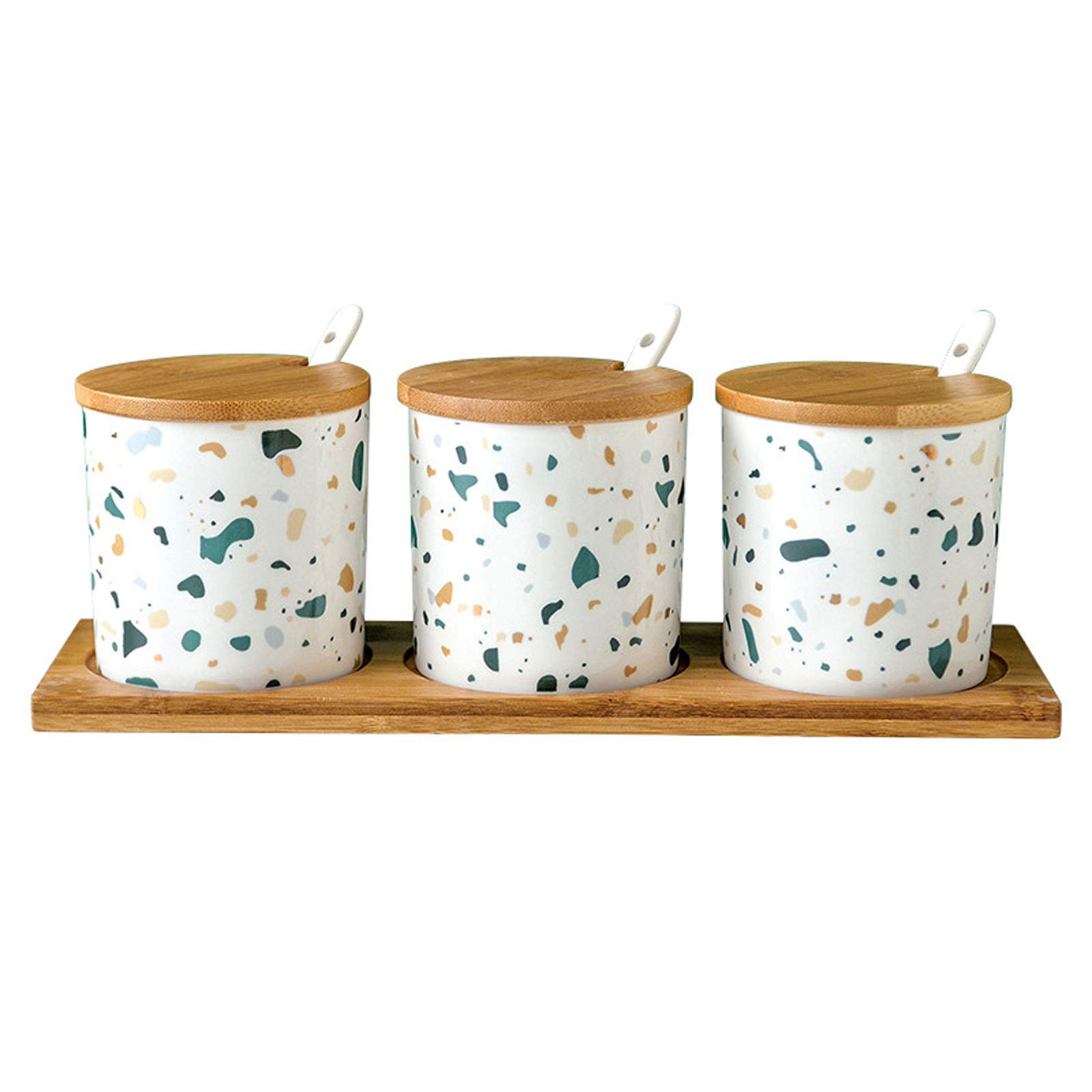 Zestaw ceramicznych słoików na przyprawy, z łyżeczkami słoik na przyprawy kuchenne pudełko na przyprawy z pokrywką, tacą i łyżkami do serwowania cukrowej soli pieprzu