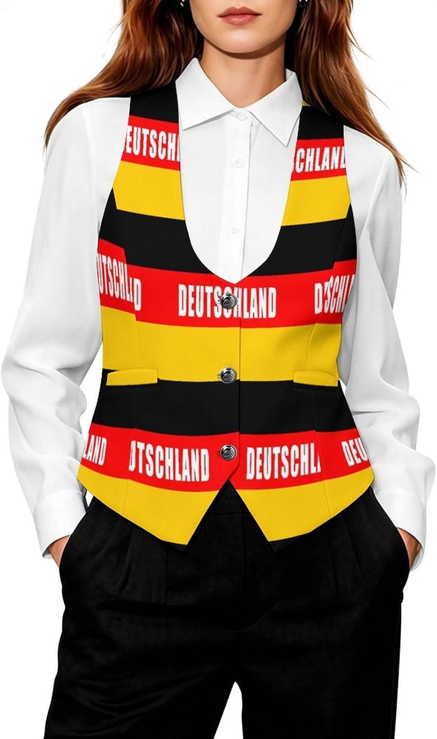 Deutschland Flag of German Germany Women's Tuxedo Waistcoat Suit Vest | 3 Button V-Neck Slim Fit Casual Sleeveless Top