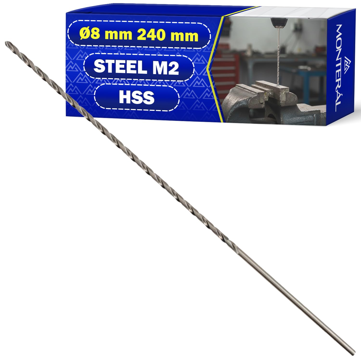 HSS Broca para Metal Duro Largo Ø 8mm 240mm en Acero Aleado Templado M2 - Broca Metal Duro Puede Usarse para Hierro Acero Metales No Ferrosos - MONTERAL