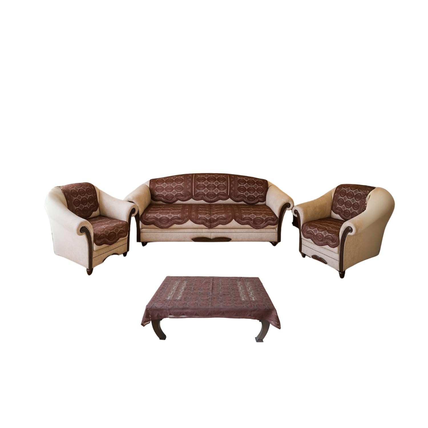 Cotton 5 Seater Sofa Cover 3 Set|Full Slipcover Set for Couch Seat|Pack of 10 Piece with Center Table Cover | Fower Printed | Coffee-image-44